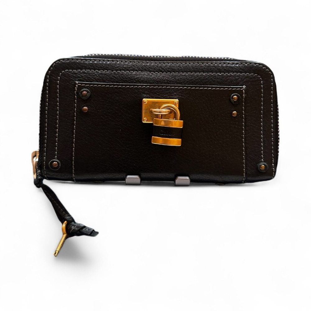 Chloé Black Leather Zip Around Wallet with Gold Padlock & Key